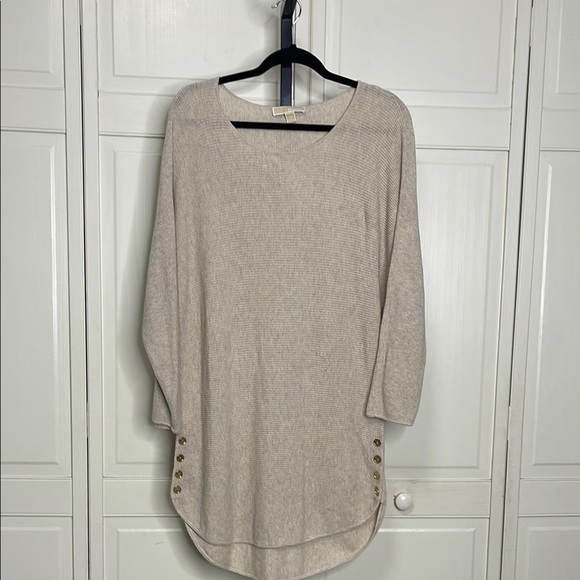 Michael Kors Womens Sweater Dress Sz L Tan Long Sleeve Hi Low Hem Button Detail - Picture 1 of 9